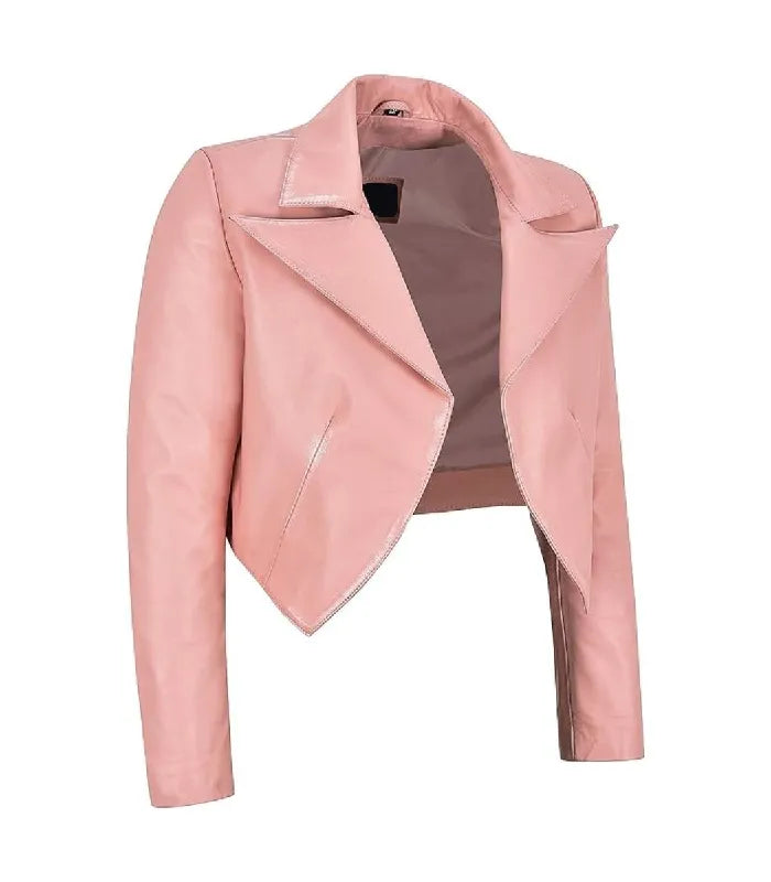 Three-quarter side view of Womens Pink Bolero Cropped Leather Jacket showcasing curved front hem, long sleeves, and soft pink finish.