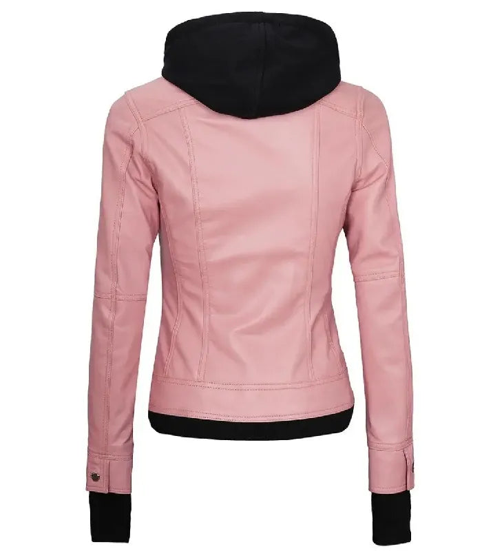 Back view of a women's pink hooded leather bomber jacket displaying tailored back panel seams, black fleece hood, and ribbed waist trim.