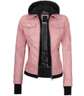 Front open view of a women's pink hooded leather bomber jacket showing a detachable black fleece hood, inner zip layer, and extended black storm cuffs.