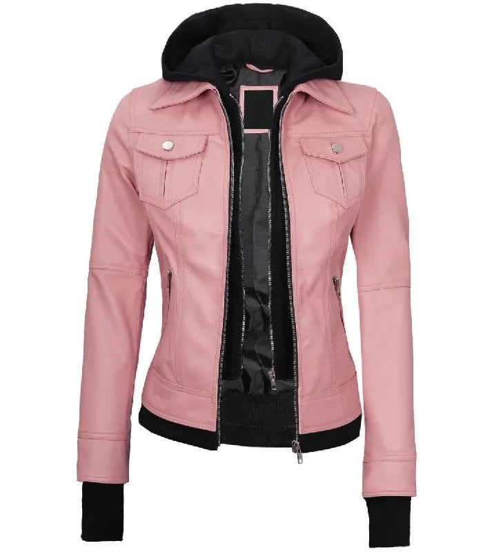 Front open view of a women's pink hooded leather bomber jacket showing a detachable black fleece hood, inner zip layer, and extended black storm cuffs.