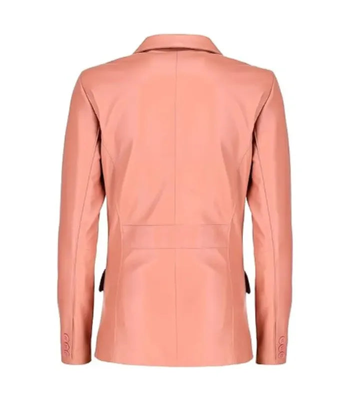 Rear view of a Womens Pink Leather Blazer displaying structured vertical panel seams, back waist detailing, and buttoned cuffs.