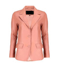Front view of a Womens Pink Leather Blazer featuring notch lapels, two-button closure, and tailored side flap pockets.