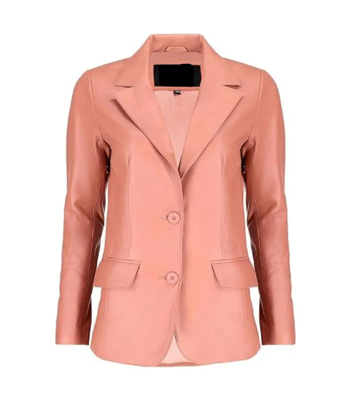 Front view of a Womens Pink Leather Blazer featuring notch lapels, two-button closure, and tailored side flap pockets.