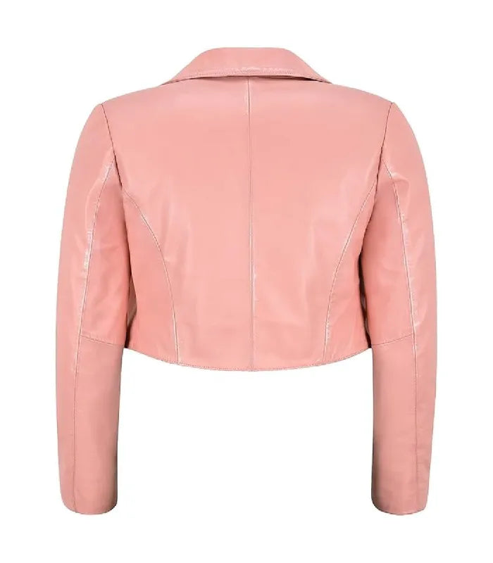 Rear view of Womens Pink Bolero Cropped Leather Jacket featuring vertical center spine seam, shoulder paneling, and cropped waist hemline.