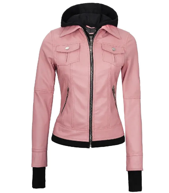 Full front zipped view of a women's pink hooded leather bomber jacket with silver metal hardware, buttoned flap pockets, and black ribbed hem.