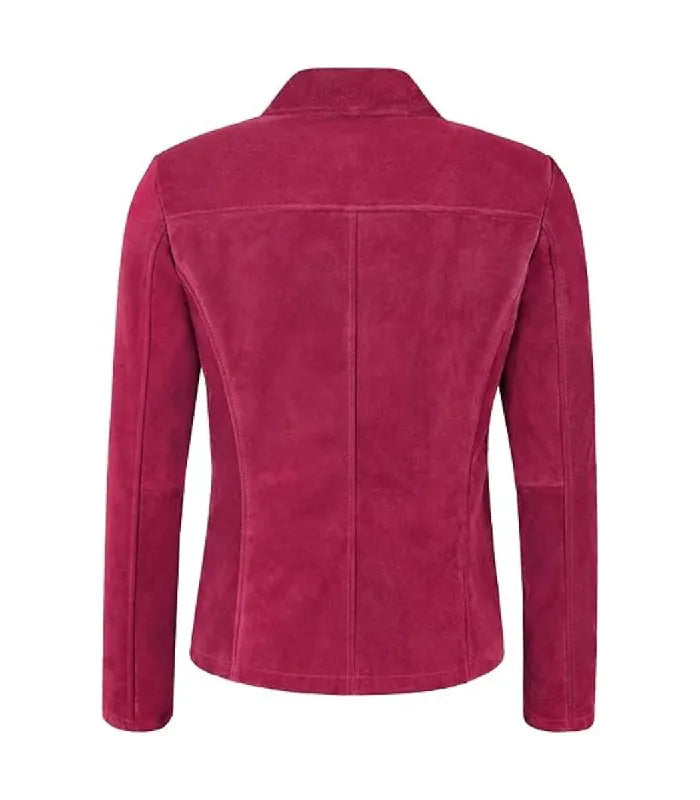 Rear view of Womens Pink Suede Leather Blazer featuring a horizontal back yoke panel, center spine seam, and tailored silhouette.
