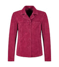 Front view of Womens Pink Suede Leather Blazer featuring button closure, notch lapel collar, horizontal yoke stitch, and side welt pockets.