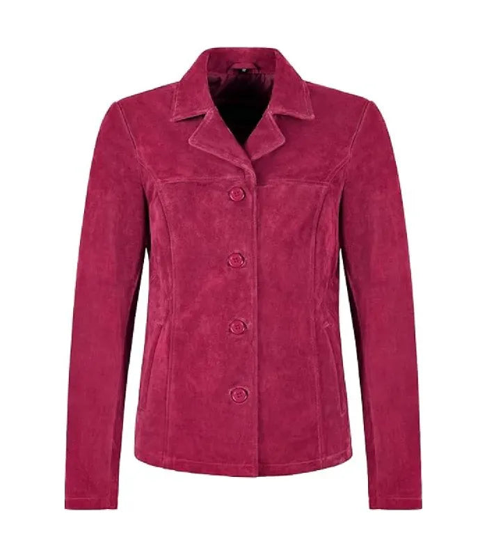 Front view of Womens Pink Suede Leather Blazer featuring button closure, notch lapel collar, horizontal yoke stitch, and side welt pockets.