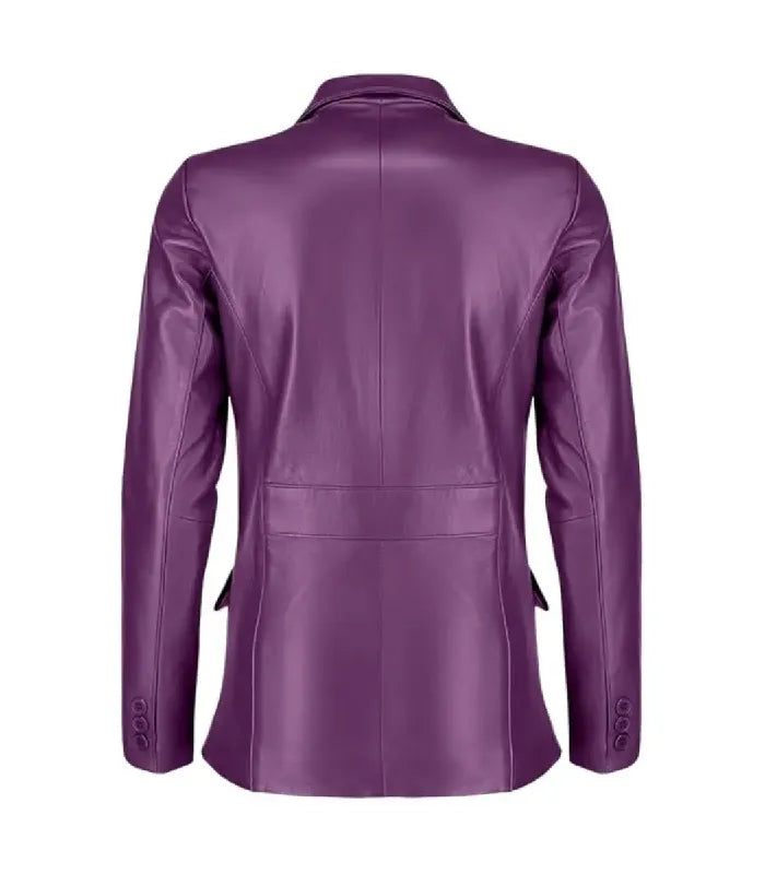Rear view of a Womens Purple Leather Blazer displaying structured vertical panel seams, back waist detailing, and buttoned cuffs.