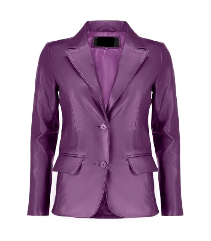 Front view of a Womens Purple Leather Blazer featuring notch lapels, two-button closure, and tailored side flap pockets.