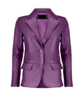 Front view of a Womens Purple Leather Blazer featuring notch lapels, two-button closure, and tailored side flap pockets.