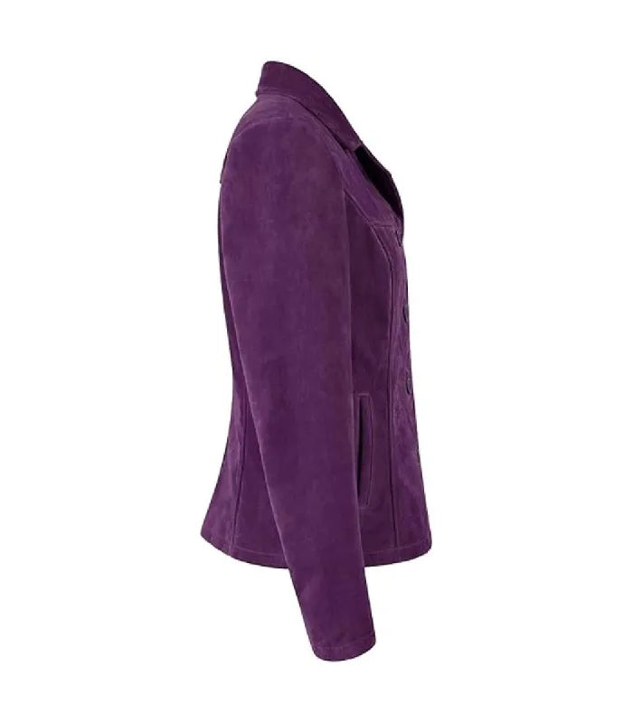 Side view of Womens Purple Suede Leather Blazer featuring side welt pocket detail, fitted sleeve construction, and structured waist tailoring.