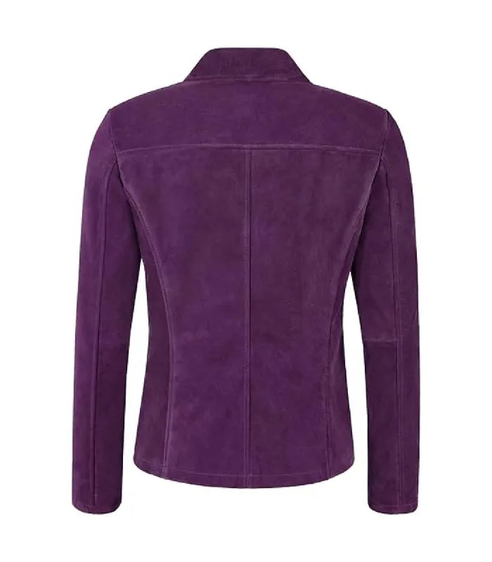 Rear view of Womens Purple Suede Leather Blazer featuring a horizontal back yoke panel, center spine seam, and tailored silhouette.