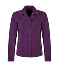 Front view of Womens Purple Suede Leather Blazer featuring button closure, notch lapel collar, horizontal yoke stitch, and side welt pockets.