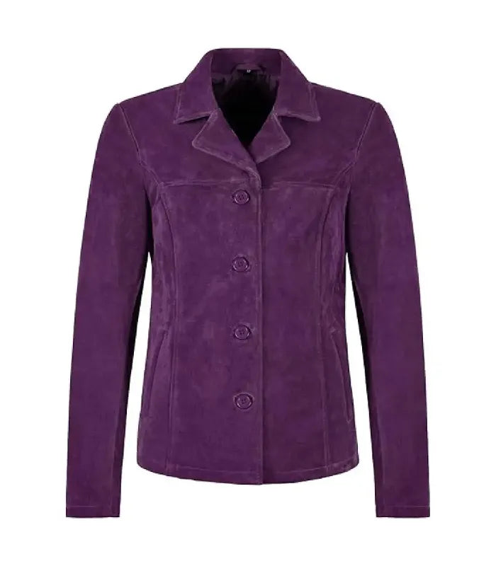 Front view of Womens Purple Suede Leather Blazer featuring button closure, notch lapel collar, horizontal yoke stitch, and side welt pockets.