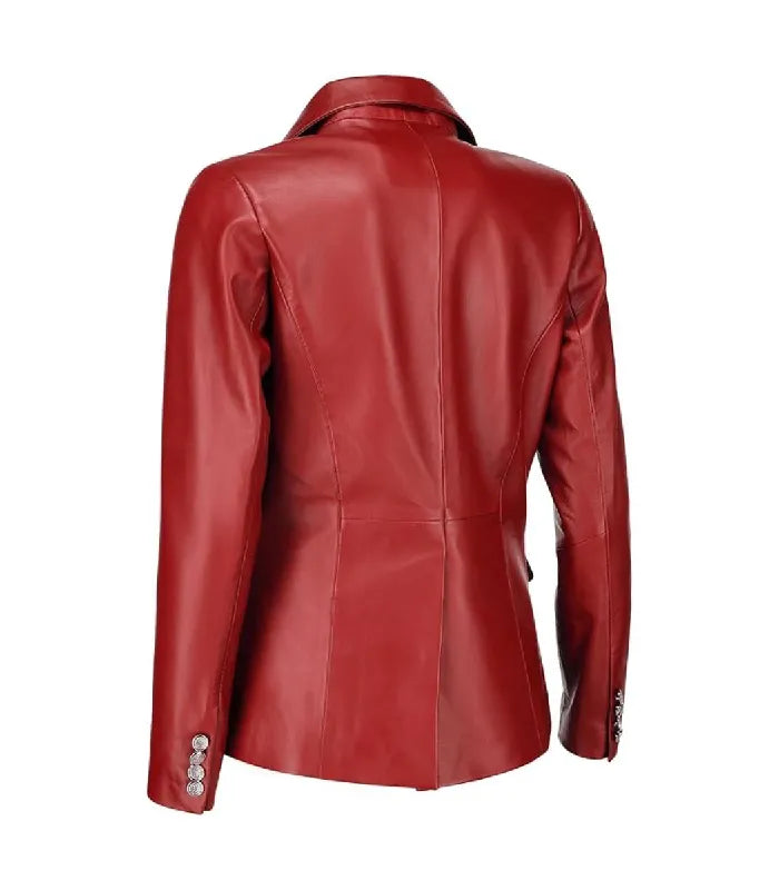 Rear angle view of a Womens Double Breasted Red Leather Blazer showing back waist seam paneling and metallic button cuffs.