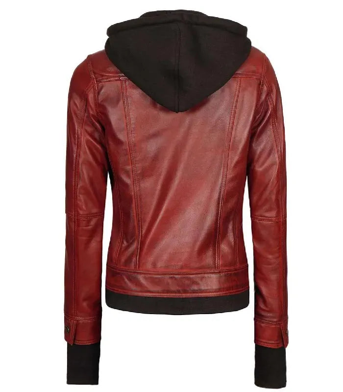 Rear view of a women's red hooded leather bomber jacket showcasing structured vertical back seams, contrast black fleece hood, and black ribbed waist trim.