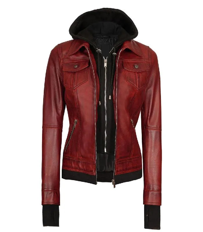 Front view of a women's red hooded leather bomber jacket featuring an attached black fleece hood with adjustable drawstrings and dual zip front layer.