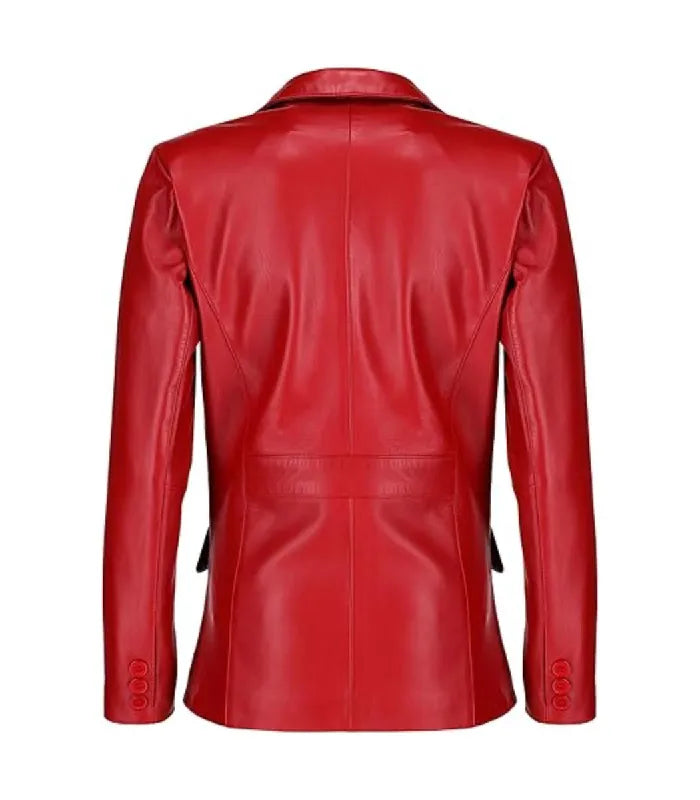 Rear view of a Womens Red Leather Blazer displaying structured vertical panel seams, back waist detailing, and buttoned cuffs.