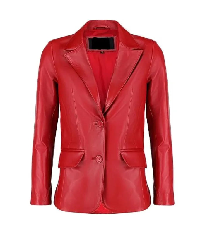 Front view of a Womens Red Leather Blazer featuring notch lapels, two-button closure, and tailored side flap pockets.