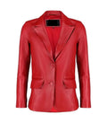 Front view of a Womens Red Leather Blazer featuring notch lapels, two-button closure, and tailored side flap pockets.