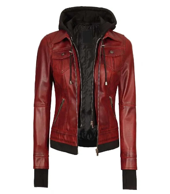 Front open view of a women's red hooded leather bomber jacket displaying the inner black hood lining, double zipper construction, and side zippered pockets.