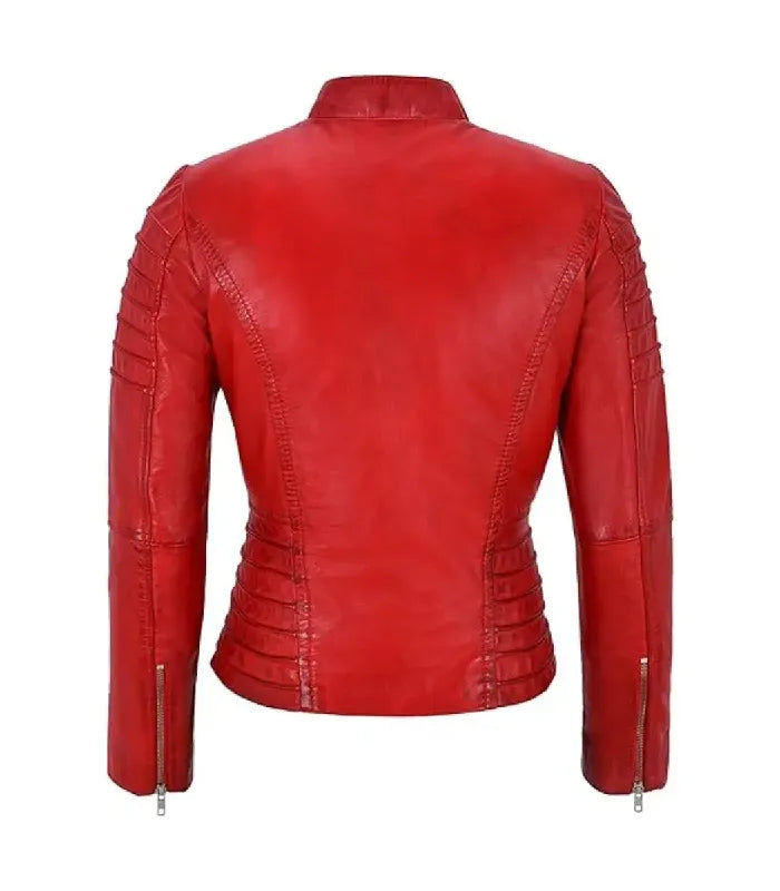 Rear view of a Women's Red Quilted Leather Biker Jacket displaying fitted back seam lines, waist trim, and silver zippered wrist cuffs.
