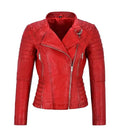Front view of a Women's Red Quilted Leather Biker Jacket featuring an asymmetrical front zipper closure, lapel collar, channel-quilted shoulders, and zip pockets.