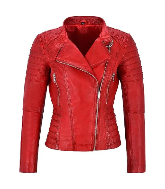 Front view of a Women's Red Quilted Leather Biker Jacket featuring an asymmetrical front zipper closure, lapel collar, channel-quilted shoulders, and zip pockets.