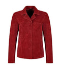 Front view of Womens Red Suede Leather Blazer featuring button closure, notch lapel collar, horizontal yoke stitch, and side welt pockets.