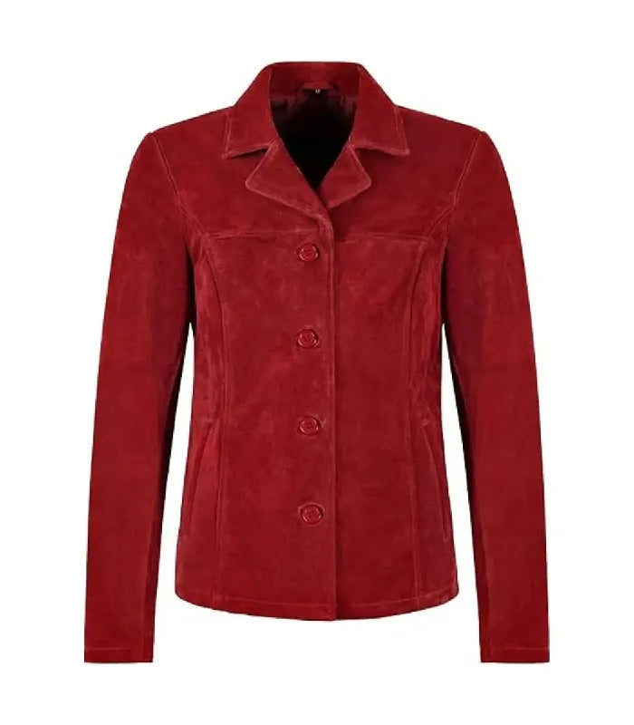 Front view of Womens Red Suede Leather Blazer featuring button closure, notch lapel collar, horizontal yoke stitch, and side welt pockets.