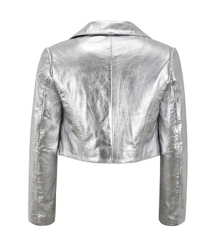 Rear view of Womens Silver Bolero Cropped Leather Jacket featuring center back seam construction and tailored cropped waistline hem.