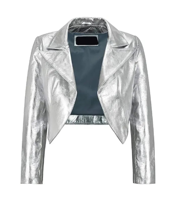Front view of Womens Silver Bolero Cropped Leather Jacket featuring open-front design, exaggerated wide lapels, and cropped silhouette.