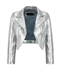 Front view of Womens Silver Bolero Cropped Leather Jacket featuring open-front design, exaggerated wide lapels, and cropped silhouette.