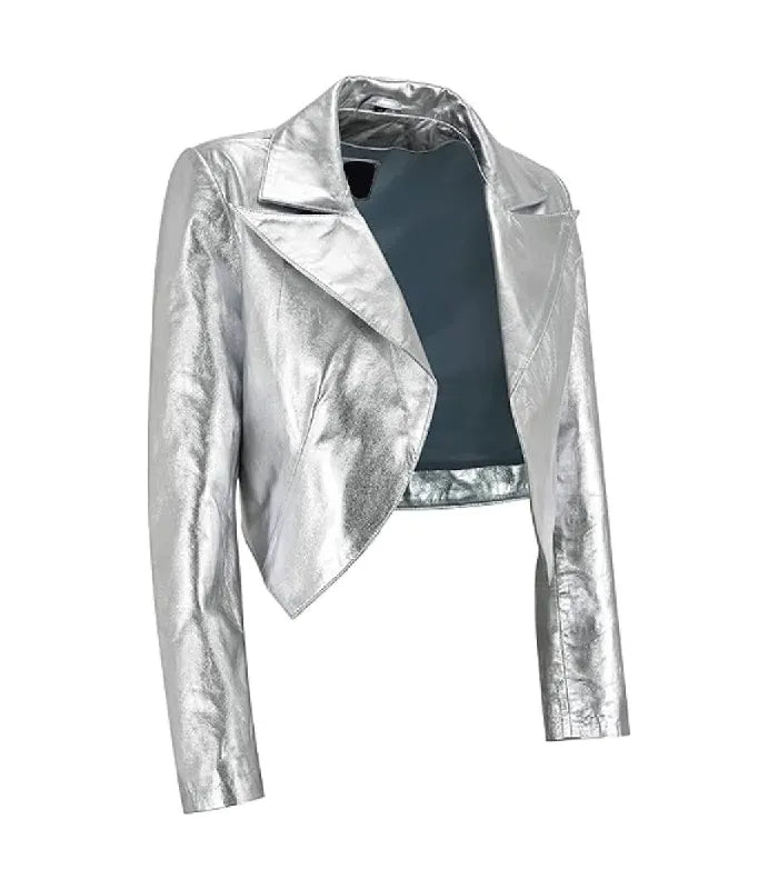 Three-quarter side view of Womens Silver Bolero Cropped Leather Jacket showcasing curved front hem, long sleeves, and metallic finish.