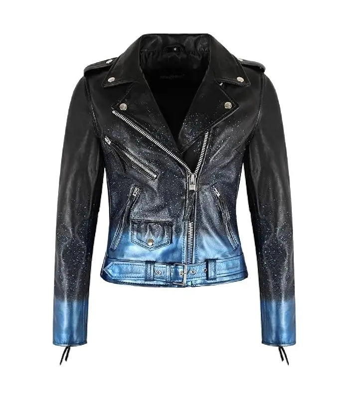 Starlight Blue Sparkle Leather Biker Jacket featuring asymmetrical zip front, metallic blue waist belt, and glitter finish.