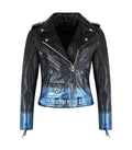 Starlight Blue Sparkle Leather Biker Jacket featuring asymmetrical zip front, metallic blue waist belt, and glitter finish.