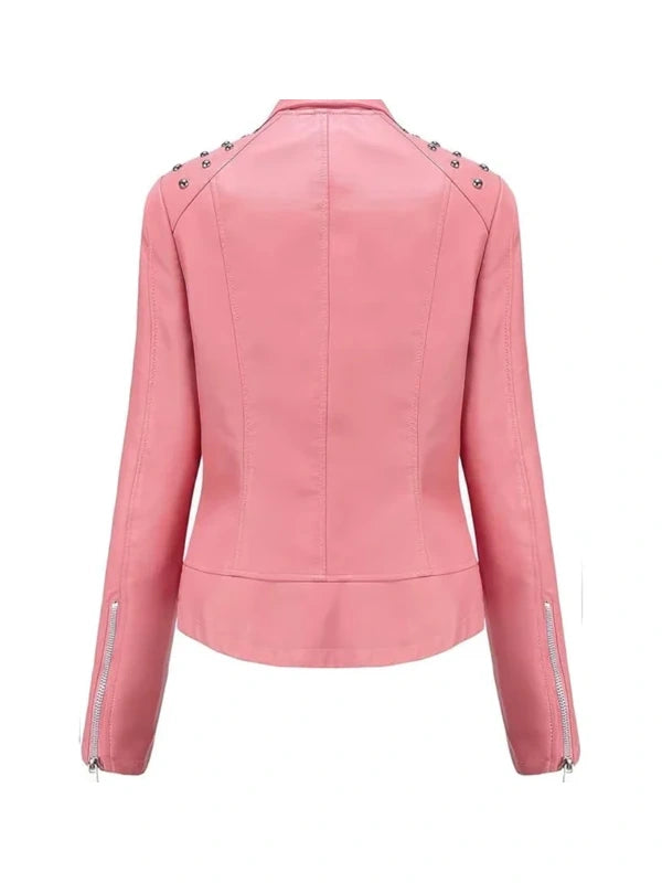 Womens Studded Pink Leather Jacket