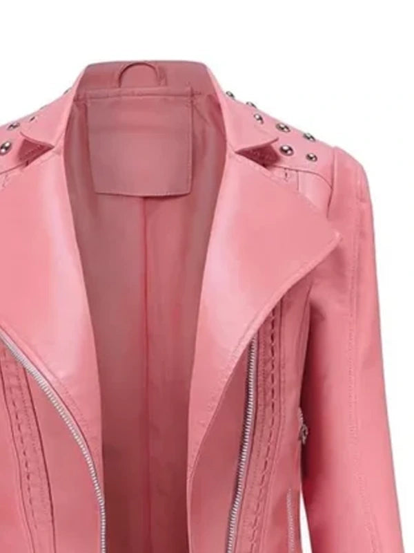 Womens Studded Pink Leather Jacket