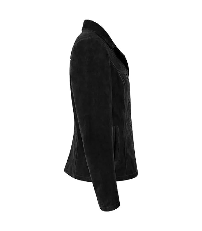 Side view of Womens Black Suede Leather Blazer featuring side welt pocket detail, fitted sleeve construction, and structured waist tailoring.