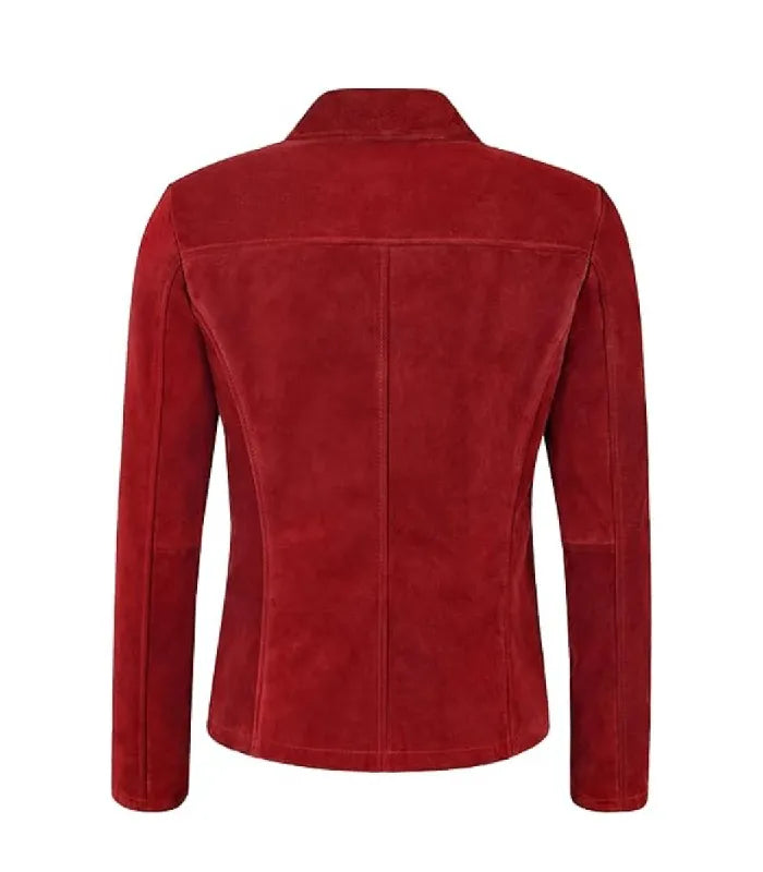 Rear view of Womens Red Suede Leather Blazer featuring a horizontal back yoke panel, center spine seam, and tailored silhouette.