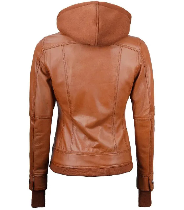 Rear view of a women's tan hooded leather bomber jacket displaying structured vertical seams, attached tan hood, and a fitted ribbed waist hem.