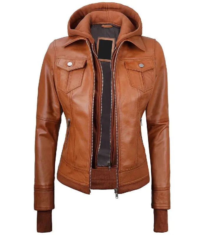 Front open view of a women's tan hooded leather bomber jacket showing a matching tan fleece hood, double zipper layer, and silver hardware.
