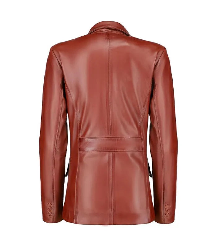 Rear view of a Womens Tan Leather Blazer displaying vertical tailored seams, back waist detailing, and three-button cuffs.