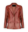 Front view of a Womens Tan Leather Blazer featuring classic notch lapels, a two-button closure, and side flap pockets.