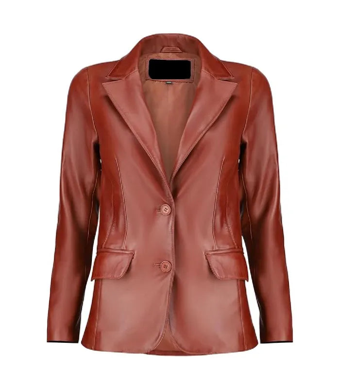 Front view of a Womens Tan Leather Blazer featuring classic notch lapels, a two-button closure, and side flap pockets.