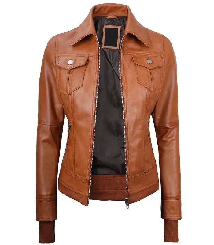 Front view of a women's tan leather bomber jacket without the hood, featuring a classic pointed collar, double flap chest pockets, and ribbed wrist cuffs.