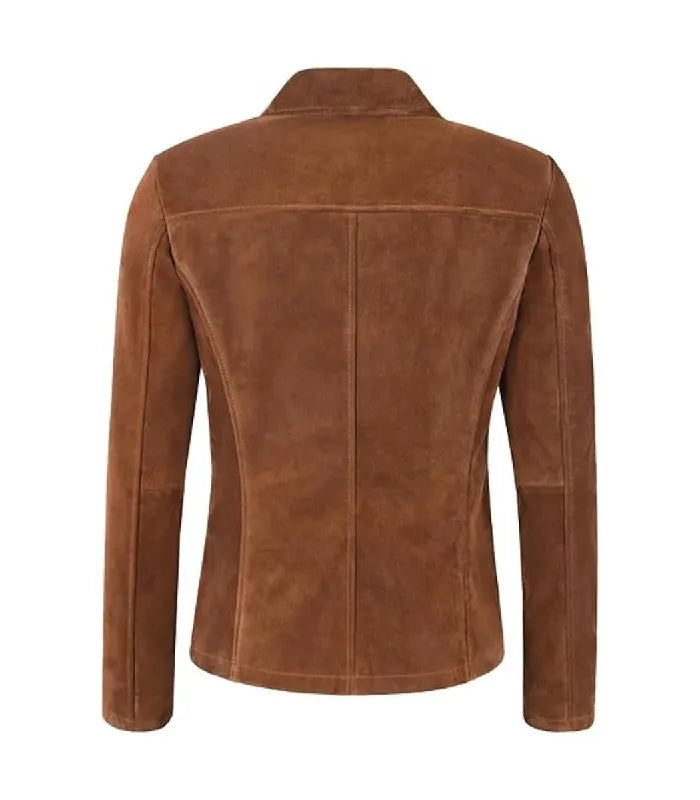 Rear view of Womens Tan Suede Leather Blazer featuring a horizontal back yoke panel, center spine seam, and tailored silhouette.