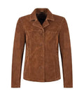 Front view of Womens Tan Suede Leather Blazer featuring button closure, notch lapel collar, horizontal yoke stitch, and side welt pockets.