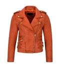 Front view of a Womens Vintage Orange Leather Biker Jacket featuring an asymmetrical main zipper closure, notch lapel collar with snap studs, upper chest vertical zip pockets, horizontal waist zip pockets, and dual side waist belt buckle straps.